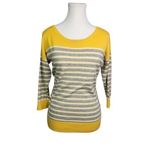 Banana Republic Women's XS Striped Sweater Yellow Gray White 3/4 Sleeve Preppy